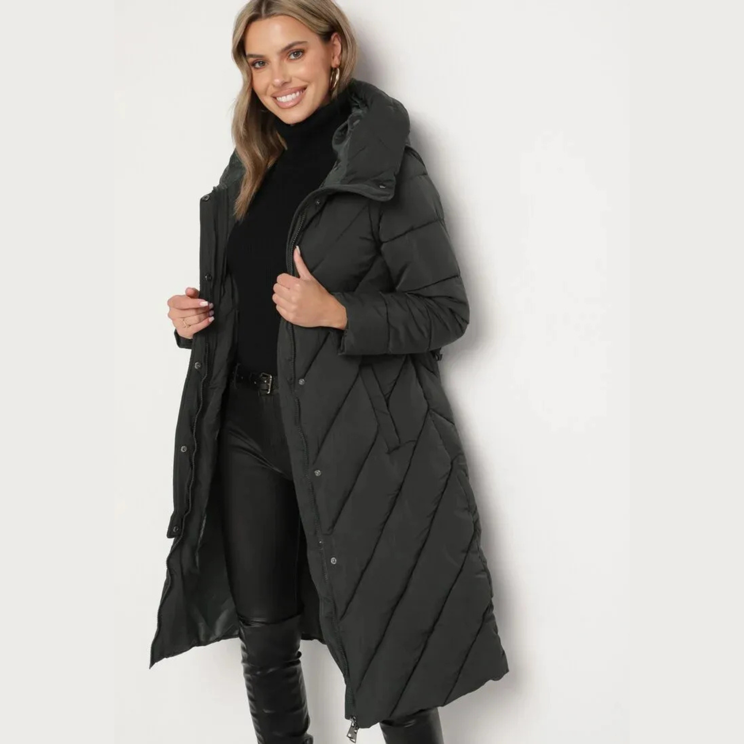 Manteau Long Matelassé à Motif Chevron avec Ceinture Ajustable