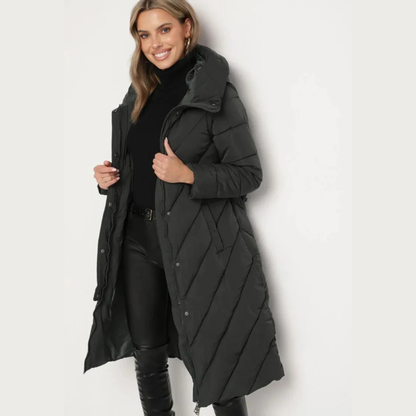 Manteau Long Matelassé à Motif Chevron avec Ceinture Ajustable