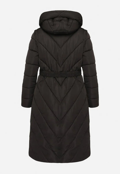 Manteau Long Matelassé à Motif Chevron avec Ceinture Ajustable