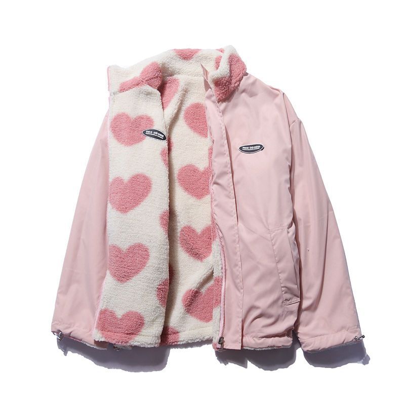 Manteau Réversible Femme "Love Heart" – Veste Sherpa & Coupe-Vent Matelassée
