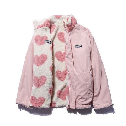 Manteau Réversible Femme "Love Heart" – Veste Sherpa & Coupe-Vent Matelassée