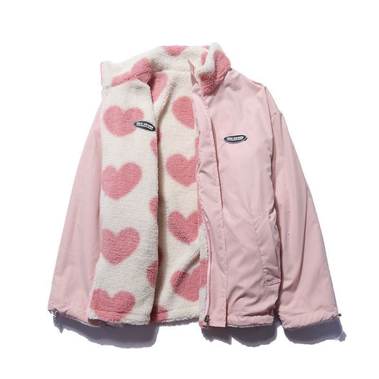 Manteau Réversible Femme "Love Heart" – Veste Sherpa & Coupe-Vent Matelassée